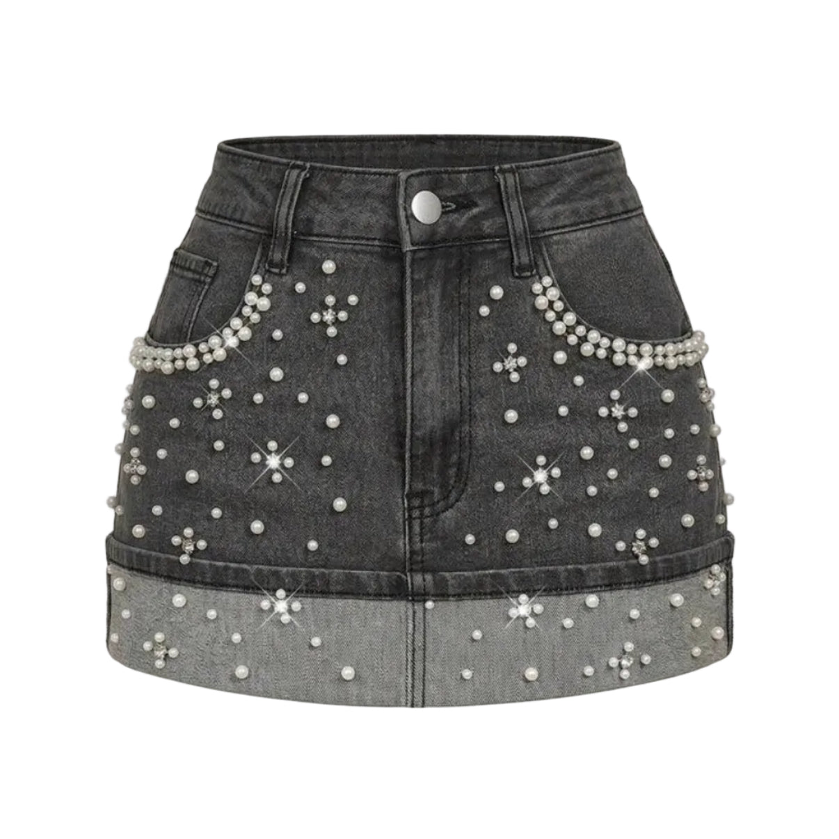 SYXZNM Women's Fashion Pearl Decor Denim Mini Skirt