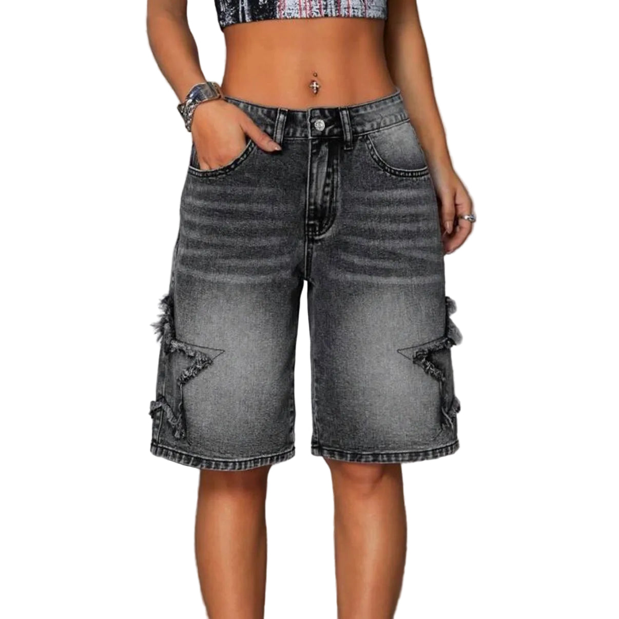 Star Washed Low-Waist Women Denim Shorts