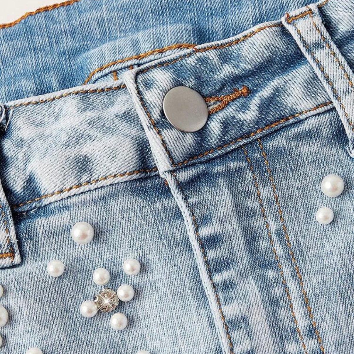 SYXZNM Women's Fashion Pearl Decor Denim Mini Skirt