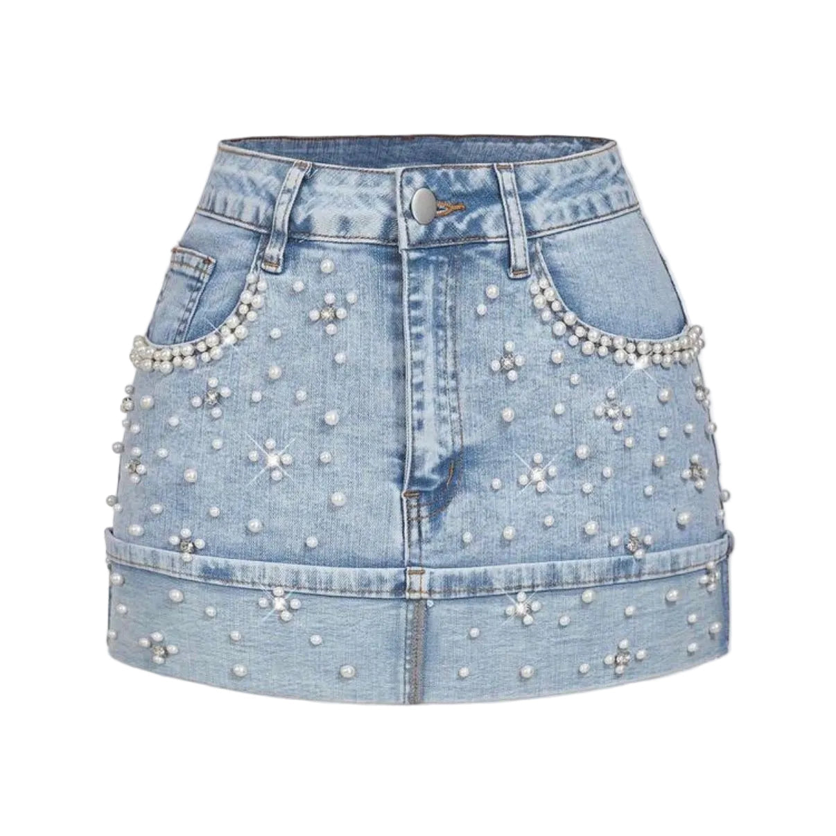 SYXZNM Women's Fashion Pearl Decor Denim Mini Skirt