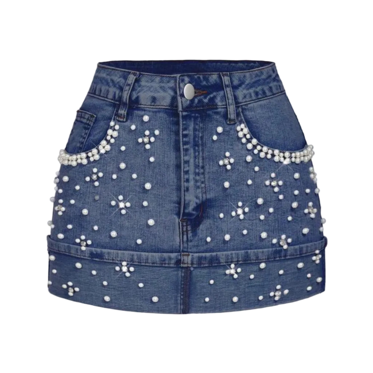 SYXZNM Women's Fashion Pearl Decor Denim Mini Skirt