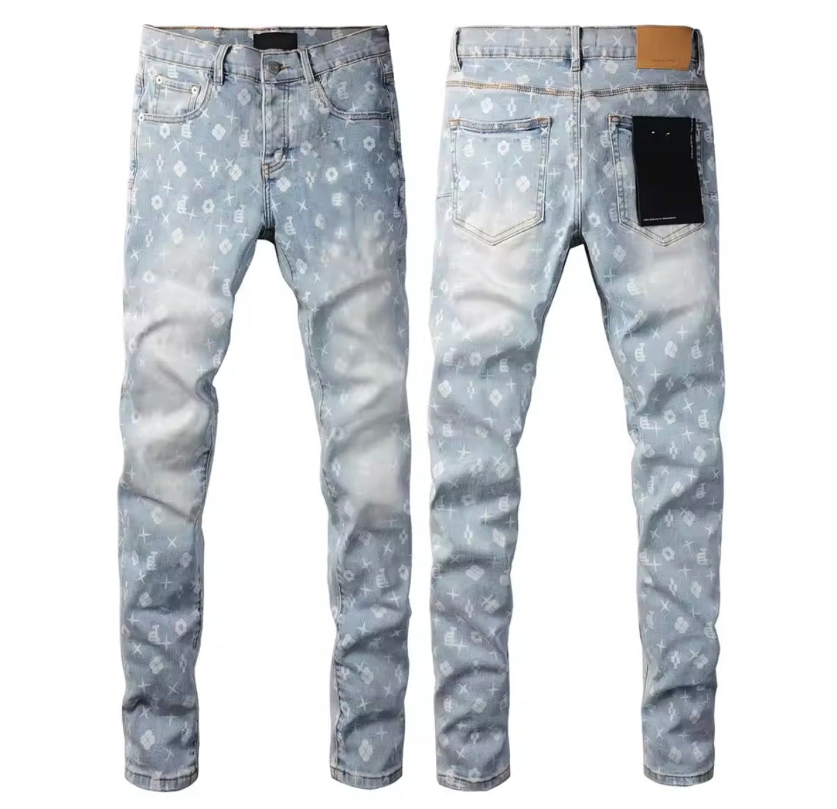 American Jean Print Pants 9089 Style High Waist Loose Fit Straight Leg Blue