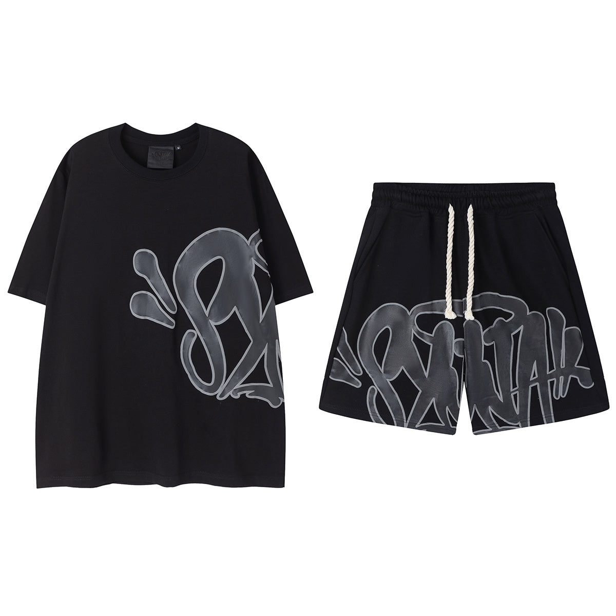 Men’s Black Graphic Shorts Set – Oversized Streetwear Outfit