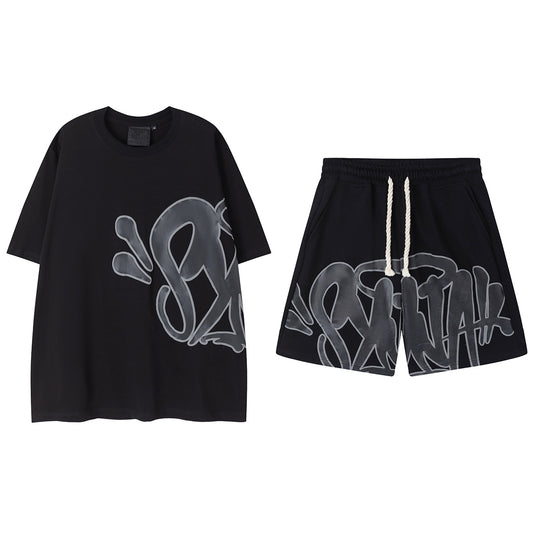 Men’s Black Graphic Shorts Set – Oversized Streetwear Outfit